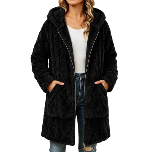 Fleece Jacket for Women Hooded Zip Up Long Sleeve Mid Length Winter Coat - image 1