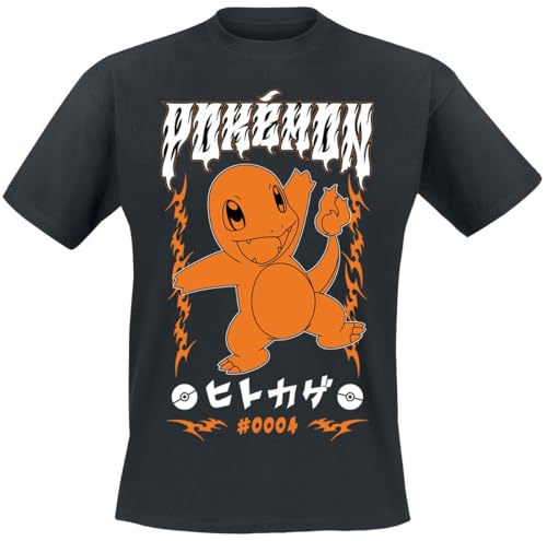 Pokémon Salamèche - T-Shirt Homme T-Shirt Manches Courtes Noir XL 100% Coton Regular/Coupe Standard