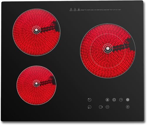 24 Inch electric Cooktop, 3 Burners Radiant Electric Stove Top 110V, 2600W Ceramic Electric Stove with Timer, Child Safety Lock, Sensor Touch Control(No Plug)
