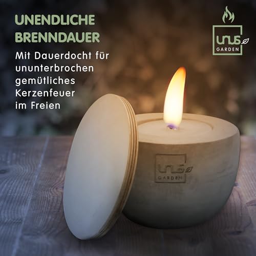 UNUS Beton- Feuer Outdoor Beton Kerze konisch groß, 100g Nachfüllwachs, Löschbrett und Löffel zum Nachfüllen, Tischkamin mit Dauerdocht, Tischfeuer Recycling Kerzenwachs-2