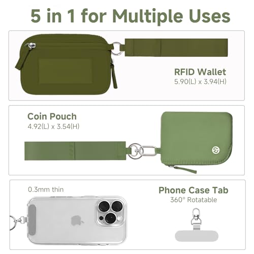 Shanejorin Phone Wrist Strap with Dual Pouch Keychain Wristlet Wallet for Women Small RFID Wallet with ID Window Coin Pouch Card Holder for Travel Olive Green — view 3