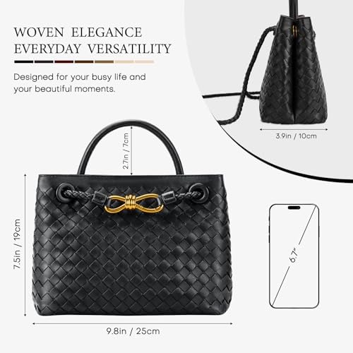 Woven Tote Bag for Women Leather Shoulder Handbag Designer Top Handle Purses(Black) - 3