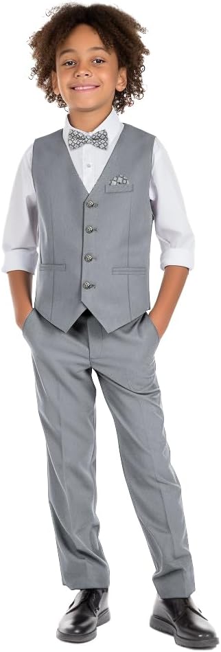 Boys' 6-Piece Formal Slim Fit Suit Set, Vest, Pants, Dress Shirt, Tie, Pocket Square, and Bow Tie - Image 3