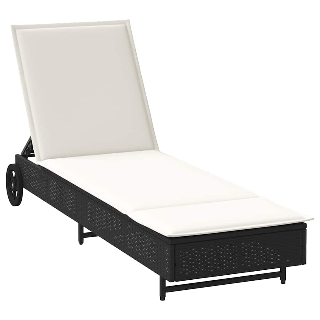 Gecheer Lettino Prendisole con Ruote e Cuscino in Polyrattan,Sdraio Reclinabile con Ruote,Lettino da Sole,Lettino con Ruote,Lettino da Giardino in Rattan,Lettino Prendisole Reclinabile, Nero