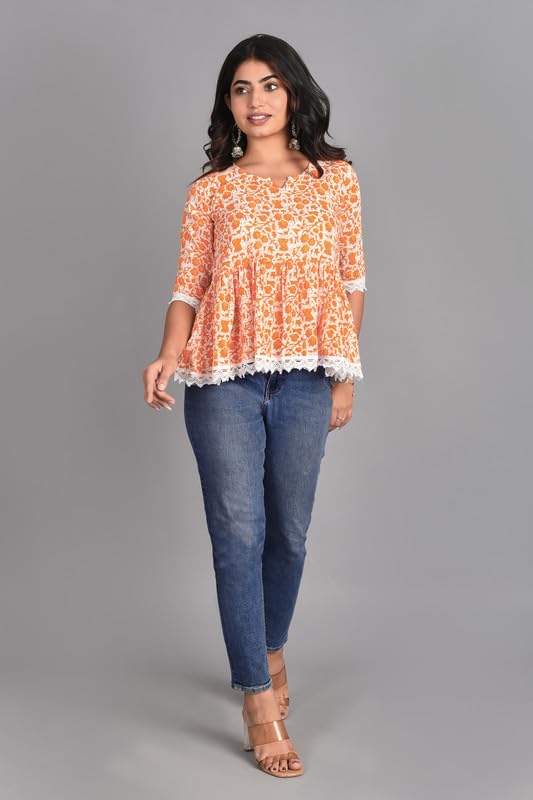 Image of KURTARI Women's Cotton Floral Anarkali Kurti Top | Printed Tunic Short Kurti for Women | Casual Party Ethnic Top