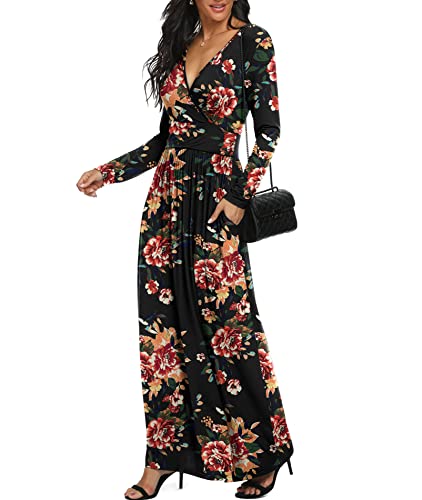 Image of LILBETTER Women Long Sleeve Deep V Neck Loose Plain Long Maxi Casual Dress