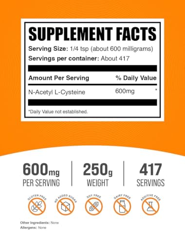 Image of BulkSupplements.com NAC Powder - N-Acetyl Cysteine 600mg, NAC Supplement - Antioxidant Support, Gluten Free - 600mg per Serving, 417 Servings, 250g (8.8 oz) (Pack of 1)