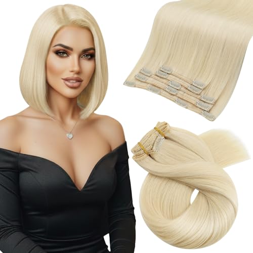 Image of Moresoo Clip in Hair Extensions for Fine Hair, Light Golden Blonde | Real human hair clip in extensions, 12 inch 80g 5pcs, seamless remy hair, short length for daily styling