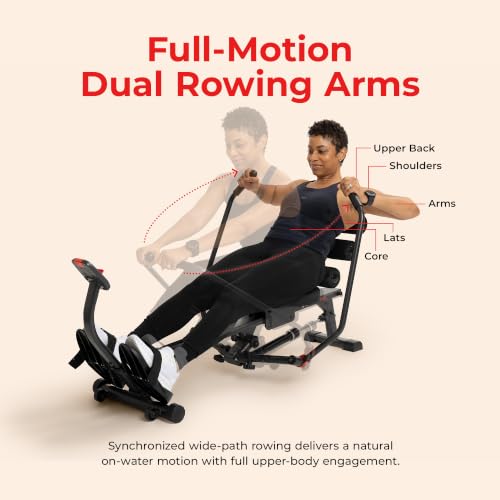 Image of Sunny Health & Fitness Smart Full Motion Rower | 12 Resistance Levels, Dual-Arm Design, SunnyFit App, 400 LB Capacity, Optional Back-Assist Core Trainer