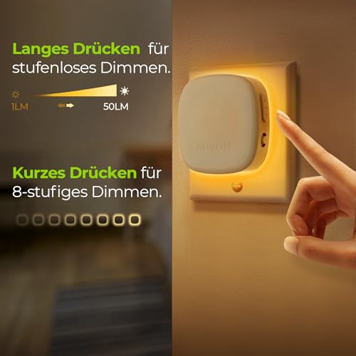 AUVON Nachtlicht Steckdose mit Bewegungssensor und Dämmerungssensor, 2 Stück Warmweißes LED hinterleuchtete Nachtlicht mit 1-50 lm, Helligkeit Einstellbar für Flur, Treppe, Schlafzimmer (Bernstein) 4