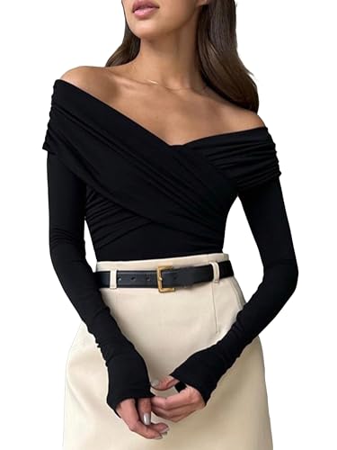 Women Short T Shirts Front Cross V Neck Long Sleeve Off Shoulder Shirts Casual Going Out Slim Fit Tops Streetwear (A-Black, M)