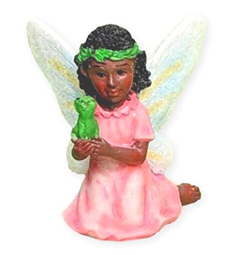 The Bridge Collection Fairy Garden Fairy Girl with Frog Figure - Resin Kneeling Fairy Statue - Miniature Fairy Garden Accessories - African American Fairy Figurine for Planters, Gardens
