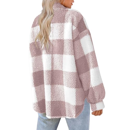 Women Fall Winter Coats Lapel Neck Plaid Fuzzy Fleece Fashion Button Down Shirt Coat Plus Size Casual Sherpa Jacket3