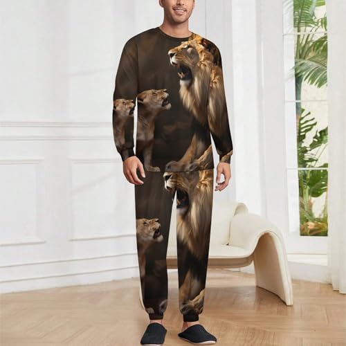King Lion Men's Pajamas Sets Round Neck Long Sleeve Shirts And Bottoms 2 Piece Pjs Loungewear2