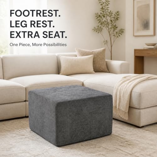 Image of MONVANE 27.5 inch Square Ottoman, Modular Foot Rest, Grey | Matches Modular Sectional Cloud Couch, Footstool for Living Room, No Assembly Required, High-density Resilient Foam