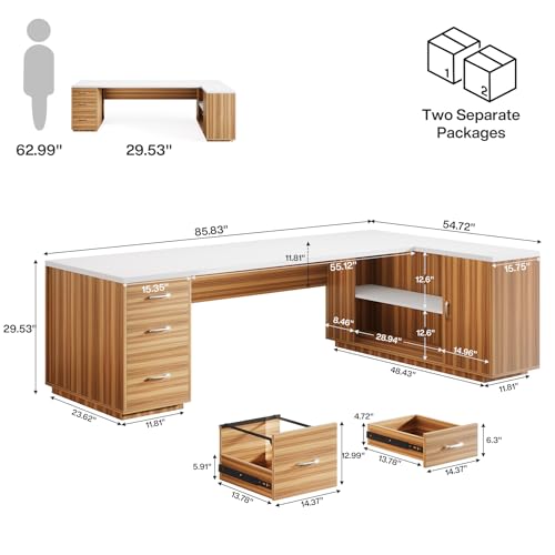 Tribesigns 85.8" L-Shaped Executive Desk, Extra Large Office Desk with File Drawers, Modern Business Furniture, Computer Desk Workstation with Door Cabinet, Shelves for Home Office, White & Brown