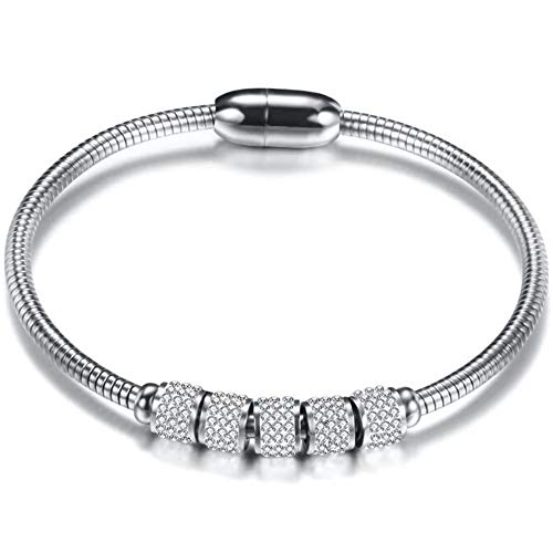Jude Jewelers Stainless Steel Cubic Zircon Magnetic Snake Chain Bangle Bracelet (Silver)