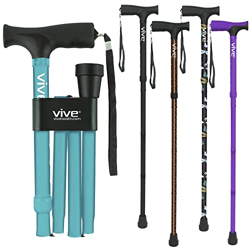 Vive Folding Cane - Foldable Walking Cane for Men, Women - Fold-up, Collapsible, Lightweight, Adjustable, Portable Hand Walking Stick - Balancing Mobility Aid - Sleek, Comfortable T Handles (Teal)