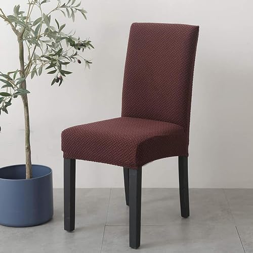 Image of House of Quirk Elastic Jacquard Chair Cover Stretch Removable Washable Short Dining Chair Cover Protector Seat Slipcover (Pack of 6, Dark Brown)