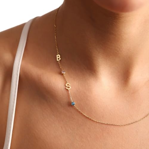 Dainty Sideways Initial Birthstone Necklace, Personalized 18K Gold Plated Letter Necklace Custom Name Necklace Customized Jewelry Birthday Christmas Gifts for Women4