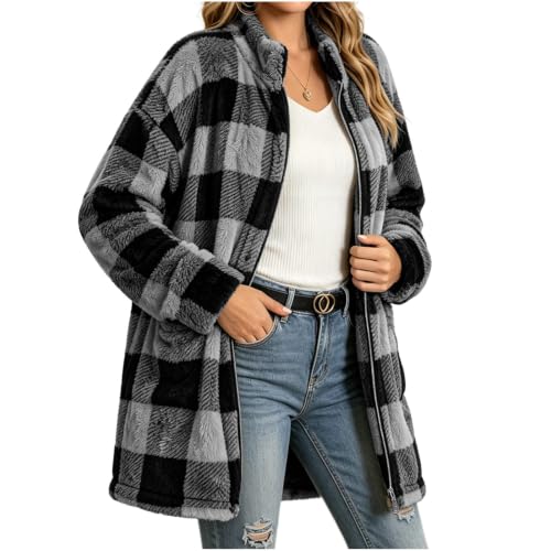 fartey Womens Plaid Jacket Fleece Lined Coat Zip Up Sherpa Tops with Pocket - image 3
