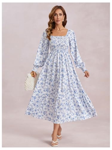 Image of MakeMeChic Women's Floral Lantern Long Sleeve Dress Square Neck Ruffle Hem Dresses Shirred A Line Vacation Dresses Blue and White X-Small