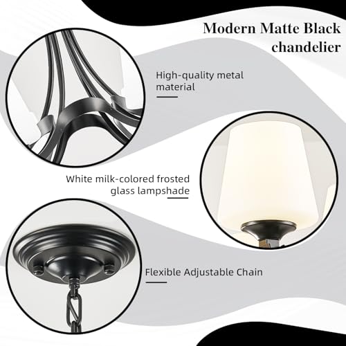 Image of 6 Light Modern Black Chandeliers, Farmhouse Dining Room Light Fixtures Over Table Rustic Chandeliers for Kitchen Island with Frosted Glass Shade for Living Room Foyer Height Adjustable 47.2''