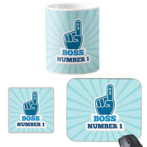 Printed Ceramic Coffee Mug Boss Number 1 Gift Hamper Mug+Coaster+Mouse pad Set of 3 for boss and co-Worker