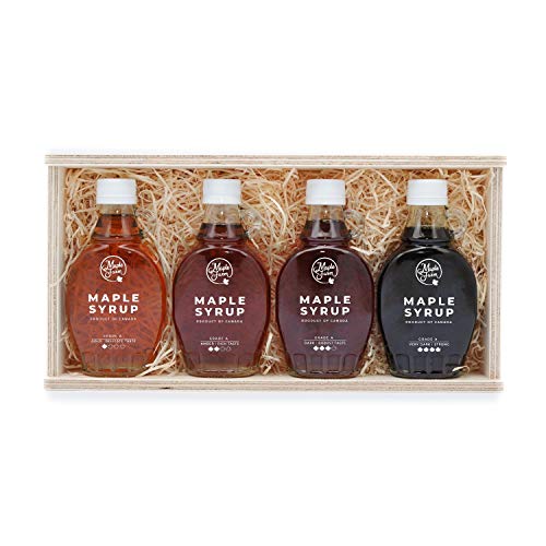 MapleFarm - Jarabe de arce puro en una caja de regalo. Pack degustación 4 variantes: ORO - ÁMBAR - OSCURO - MUY OSCURO. Caja regalo de madera de 4 botellas de 250g