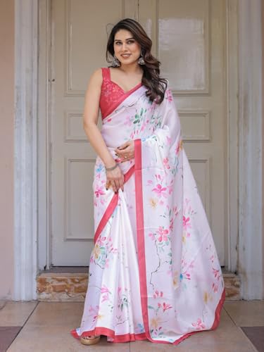 Image of ALMAARI FASHION Women's Floral Printed Georgette Satin Saree with Unstitched Blouse Piece | Traditional Ethnic Wear Sarees | Soft Lightweight Ethnic Office Wear Daily Wear Indian Sari (SG 181-190 F)