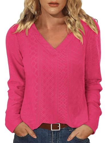 KISSMODA Long Sleeve Fall Shirts For Women V Neck Tunic Tops Embroidered Button Down Knitted Blouses 2025