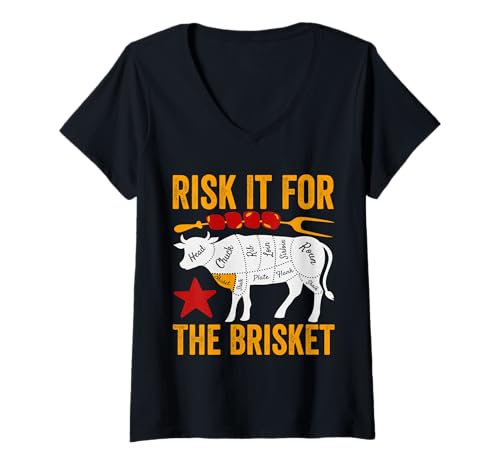 Womens Risk It For The Brisket Funny BBQ Smoking Party Father's Day V-Neck T-Shirt