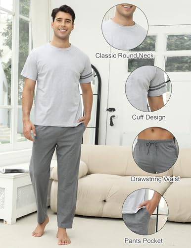 Mens Pajamas Set Cotton Short Sleeve with Pants 2 Piece PJ Set Soft Comfy Loungewear Men's Nightwear with Pockets3