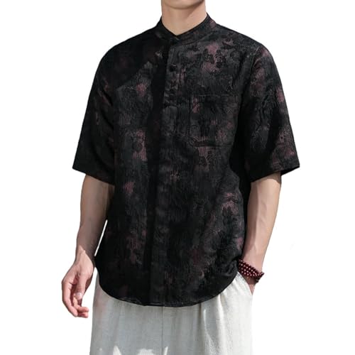 Chemise lin coupe ample col montant style chinois rétro homme