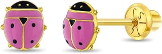 14k Yellow Gold 5mm Colorful Enamel Ladybug Screw Back Earrings for Young Girls - Cute Stud Earrings for Children with Safety Screw Back Locking for Babies, Toddlers & Little Girls