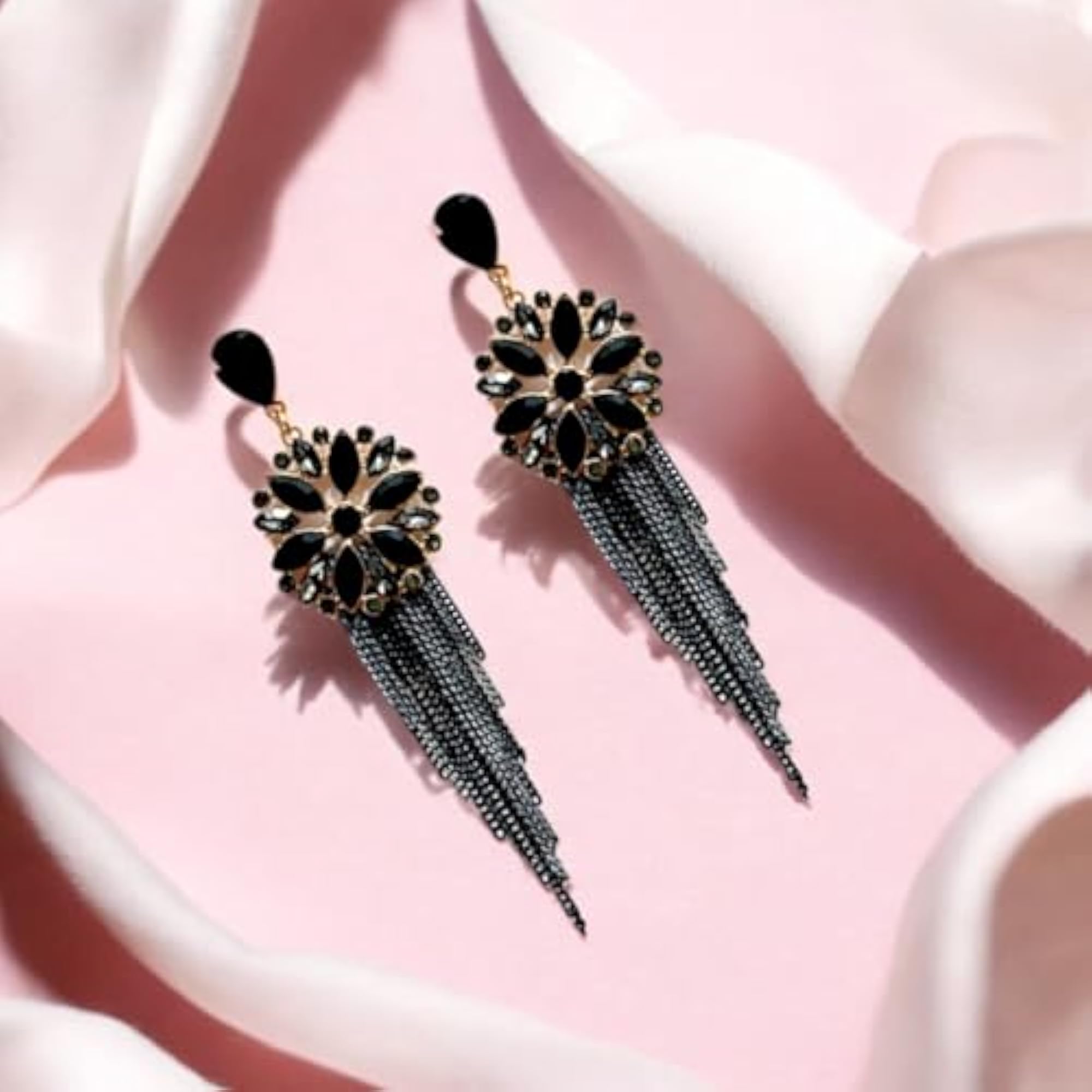 Gold Plated Statement Dangle Earrings with Precious Stones