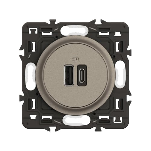LEGRAND - Prise Double Céliane Avec USB-A et USB-C 3A/15W - Recharge Tous Types d'Équipements Électroniques - Prêt à Installer - Titanium