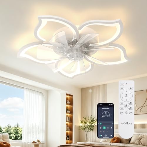 addlon 27" Low Profile Flush Mount Ceiling Fan with Light, White Modern Flower Ceiling Fan for Bedroom & Kids Room, Quiet, Bladeless, Dimmable LED, Remote & Bluetooth APP Control, 6 Speeds, Reversible