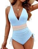 Blooming Jelly Women Tummy Control Swimsuits One Piece Slimming Bathing Suit Modest V Neck Swim Suits 2024 (L, Blue)