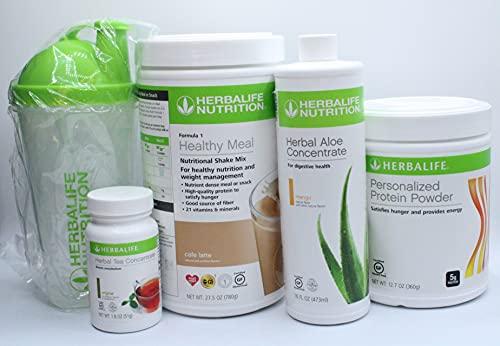Herbalife COMBO FIVE FORMULA 1 Healthy Nutritional Shake Mix (Caffe Latte 780g)-HERBAL ALOE CONCENTRATE PINT 473ml-PERSONALIZED PROTEIN POWDER 360g-HERBAL TEA 51g with SHAKER CUP and SPOON