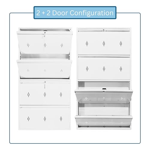 Image of Premium 4 Door Wall Mount Metal Shoe Rack | 30 inch Wide | Fits Size 12 Shoes | Dual Lock 2+2 Door Setup (Premium White, 4 Door)