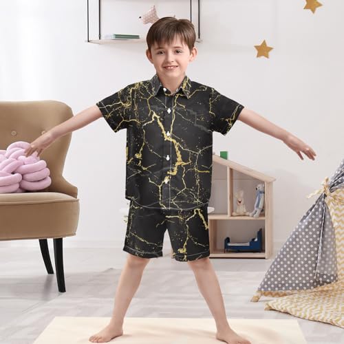 Image of Sunflower Floral Yellow Black Short Sleeve Hawaiian Button Down Shirts and Short Sets for Boys Toddler Summer Outfits
