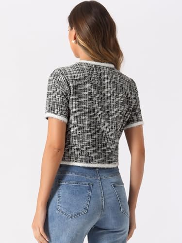 Allegra K Short Sleeve Tweed Jacket for Women Summer Crew Neck Button Front Cropped Cardigan3