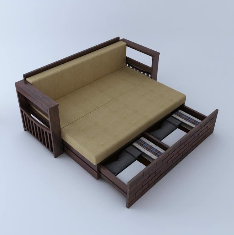 Image of Solid Sheesham Wood Sofa Cum Bed 3 Seater | Wooden Foldable Double Bed for Living Room with Headboard & Storage | Bed Cum Sofa with Mattress for Bedroom Furniture (Walnut Finish)