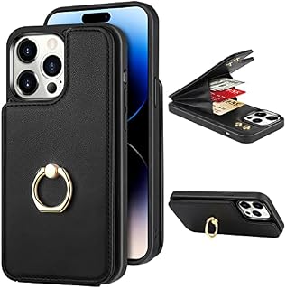 Coolden for iPhone 14 Pro Case Wallet Case with Card Holder Ring Holder PU Leather Flip Card Slot Shockproof Case RFID Blocking TPU Bumper Protective Phone Case Cover for iPhone 14 Pro 6.1"-Black