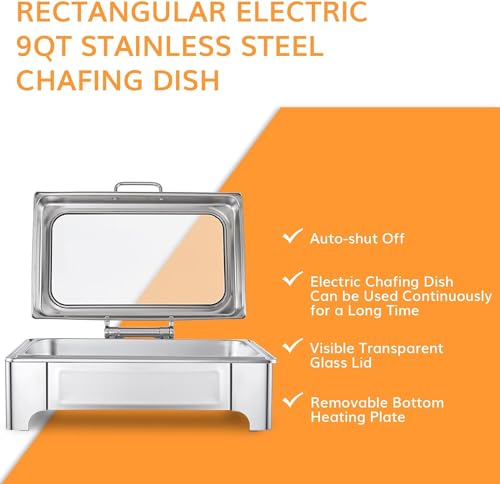 Image of Malabar Stainless Steel Electric Chafing Dish with Transparent Lid, Rectangular Chafing Dish Set with Hydraulic Lid, Mirror Finished Buffet Food Warmer (Electric, 9 LTR)