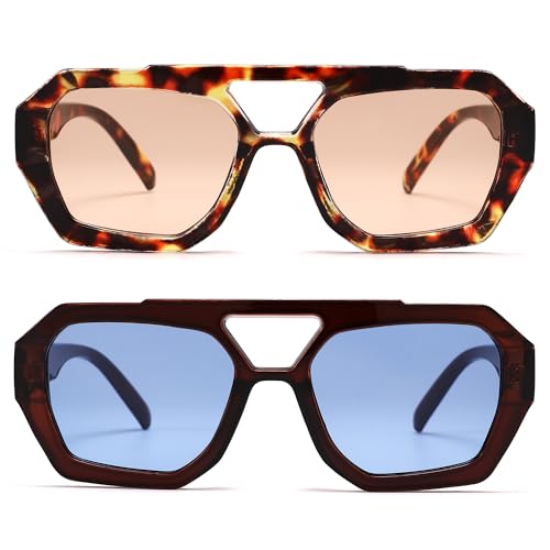 Hycredi Retro Aviator Sunglasses for Women Men, Trendy Hexagonal Thick Frame Shades Square Double Bridge Sun Glasses3