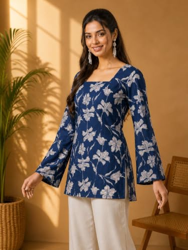 Image of Rayon Floral Print Short Kurti for Women | Square Neck Long Sleeve Top for Women | Criss Cross Back Desing Kurti | Soft Breathable Fabric | Relaxed Fit | Casual and Office Wear