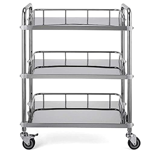 Image of Indian Decor 55746 Hospital /Clinic Trolley On Wheels 3 Tier Stainless Steel Beauty Salon Rolling Trolley, Hospital /Dental Clinic Medical Equipment Cart, Universal Brake Wheel - Chrome
