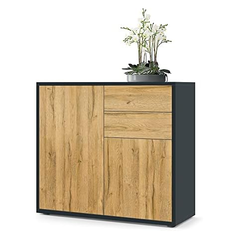 Vladon Sideboard Ben, Kommode mit 2 Türen und 2 Schubladen, Schwarz matt/Eiche Natur Cover